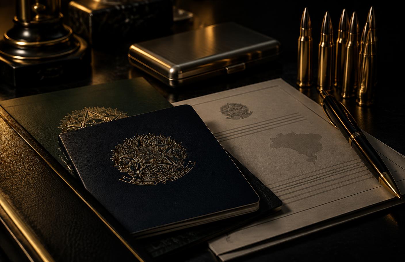 Documentos e munições sobre mesa escura, representando a documentação de acervo